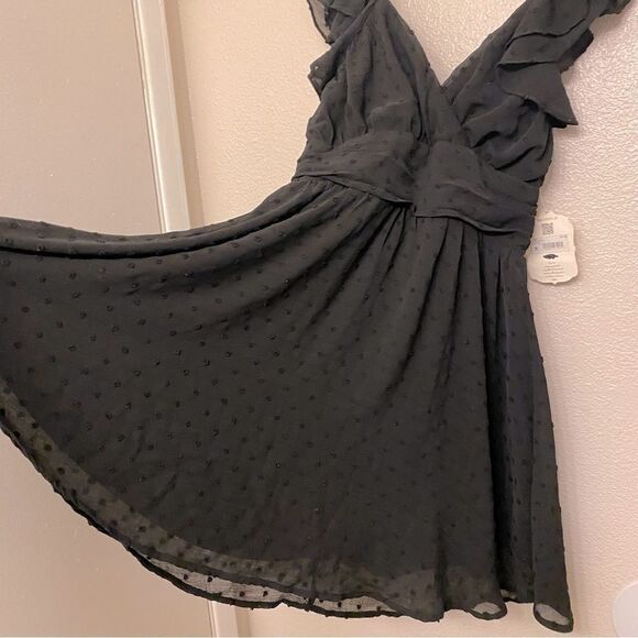 Altar’d State Sylvia Dress Black fit and flair deep v neck ruffle flutter S - Picture 2 of 15